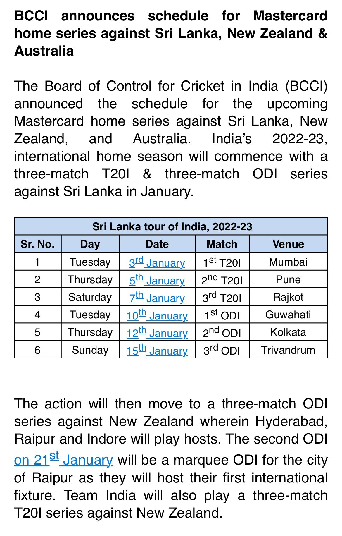 Six match Sri Lanka tour of India Dates announced Newswire