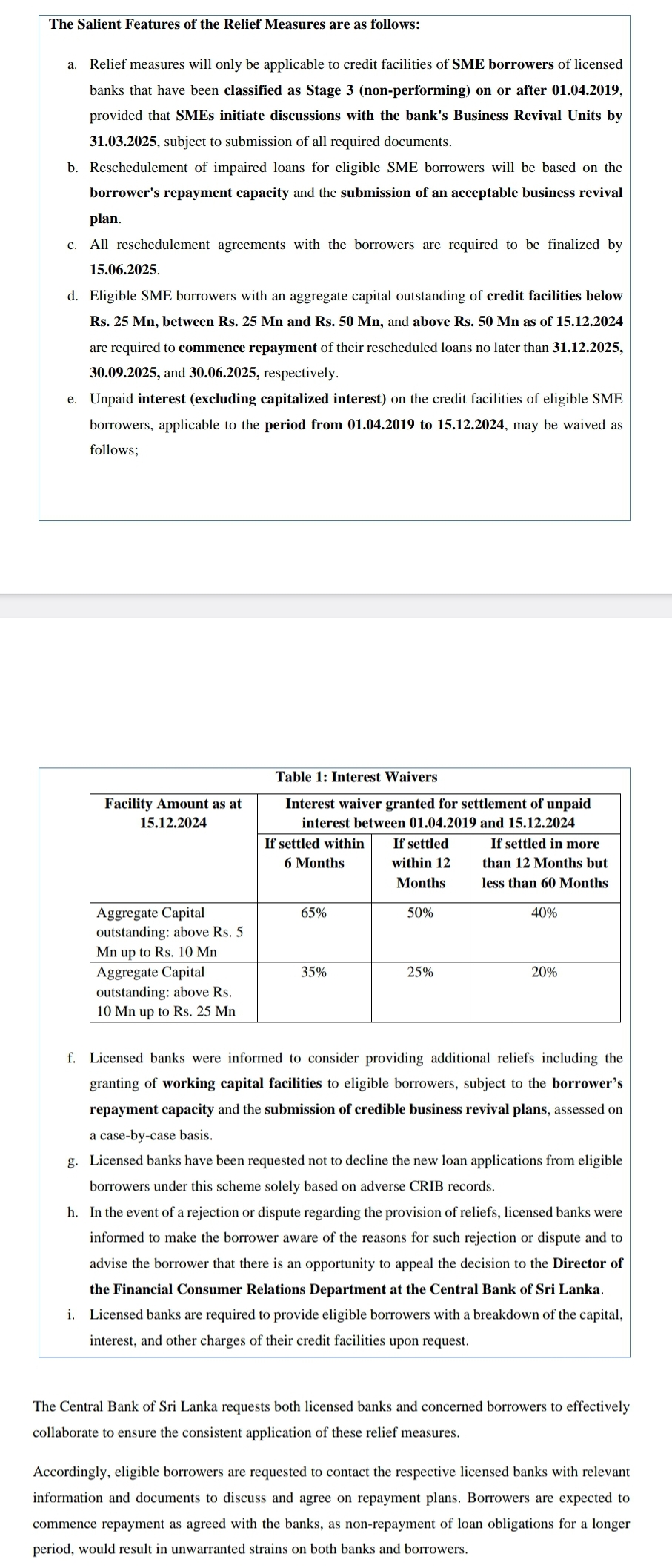 Relief measures to assist affected Small and Medium Enterprises : CBSL notice