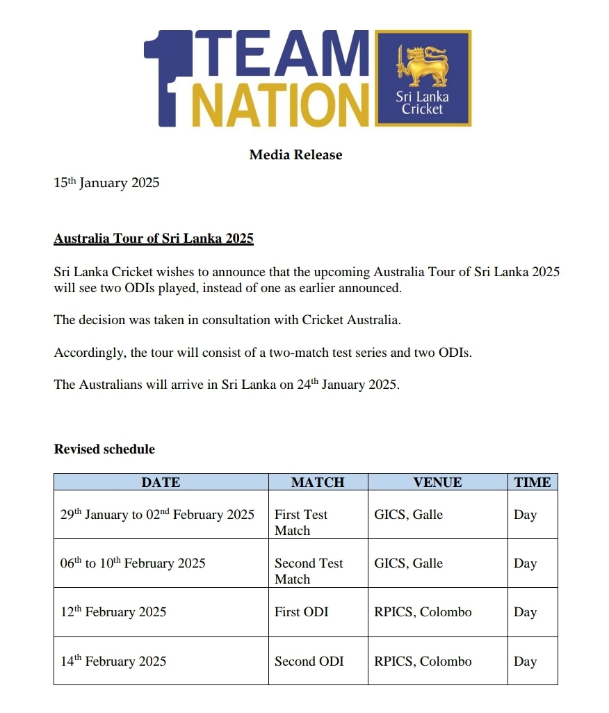 Sri Lanka tour of Australia: Revised schedule announced